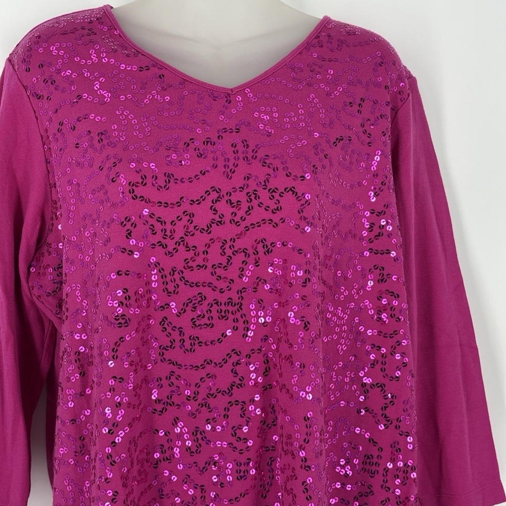 Quacker Factory Pink Sequin V-Neck Top Shirt Size L Blouse 3/4th Sleeve‎ - Picture 2 of 8